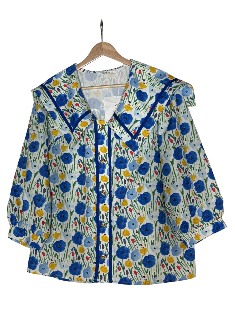 Cicy Bell Colorful Floral Button Front Sailor Flap Collar Boxy Blouse Size L NWT